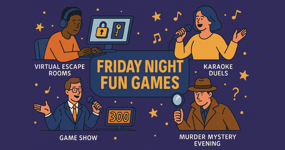 Friday night fun games include virtual escape rooms, karaoke duels, online game shows, and interactive murder mysteries.