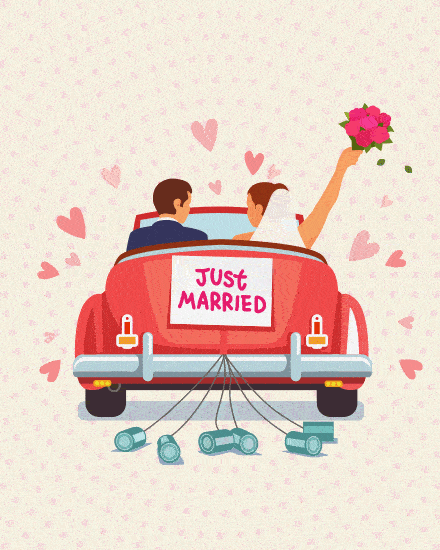 Married Couple In Red Car virtual Wedding eCard