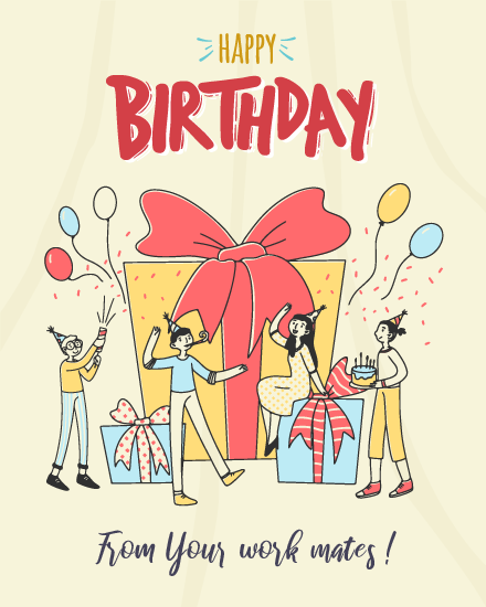 Work Mates Celebrating virtual Coworker birthday eCard