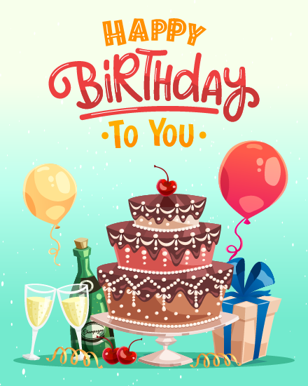 Tiered Chocolate Cake With Balloons virtual Coworker birthday eCard